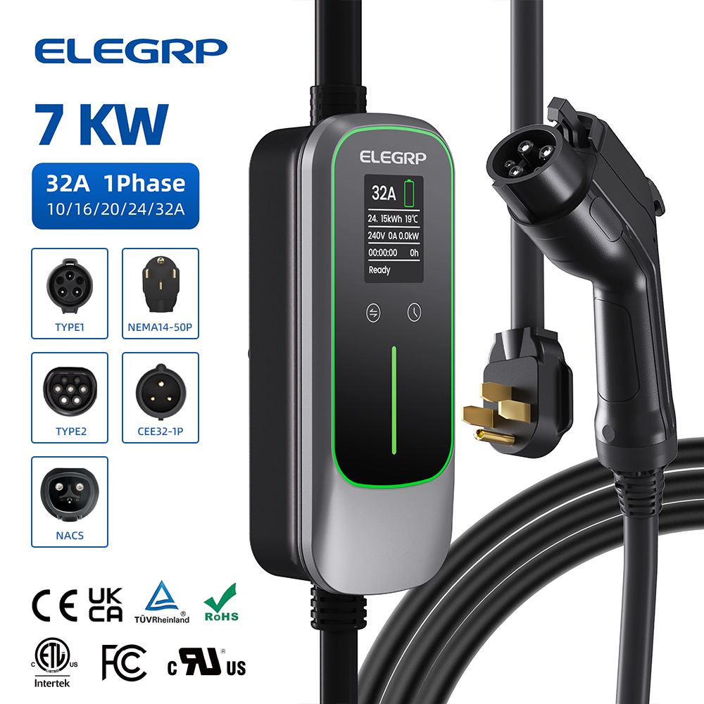 Portable Ev Charger - ELEGRP เครื่องชาร์จรถยนต์ไฟฟ้าแบบพกพา 32 แอมป์, สถานีชาร์จ EV